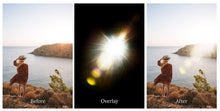 Load image into Gallery viewer, Jpeg Overlays for photographers. High resolution, Photoshop, Overlays bundle, Sunlight Overlays, Lens Flare, Sun flare, Light Leak Overlays by ATP textures.
