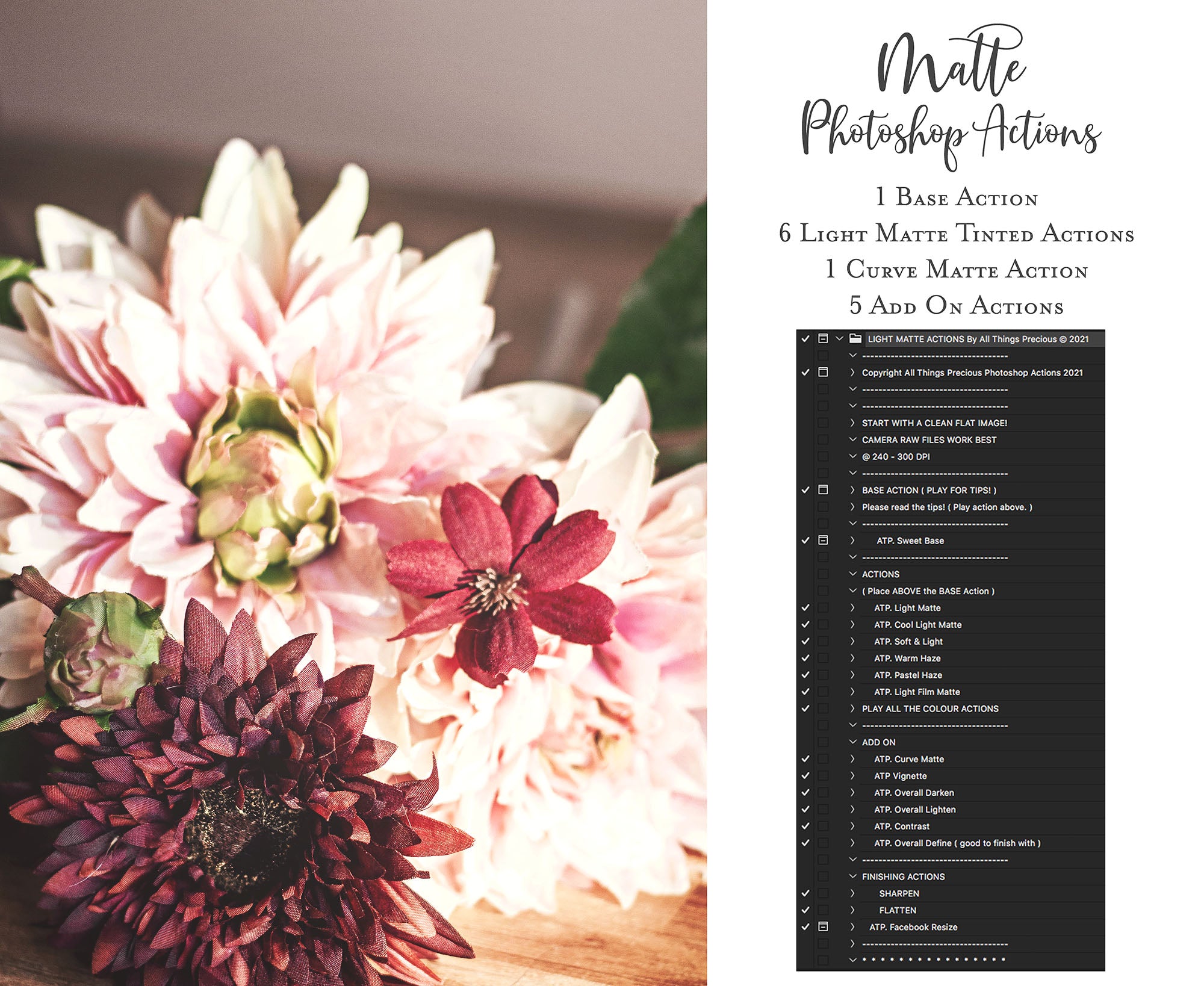 Photoshop Actions for Photography Edits. PS atn files are compatible with all versions of PS CS6. Photoshop Actions for professional photographers, photo edits and Instagram influencers. Warm, Rich, Light, Matte. For Wedding, Newborn, Studio Photography. By ATP Textures