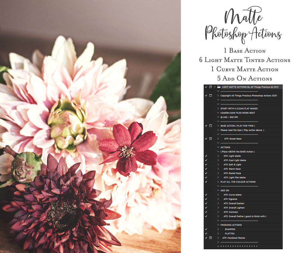Beautiful Mini Set of Photoshop Actions to enhance your images & speed up your work flow.These are compatible with all versions of photoshop above CS6.Photoshop Actions for professional photographers, photo edits and Intagram influencers. Warm, Rich, Honey, Light Tint. Matte Overlay.  By ATP Textures