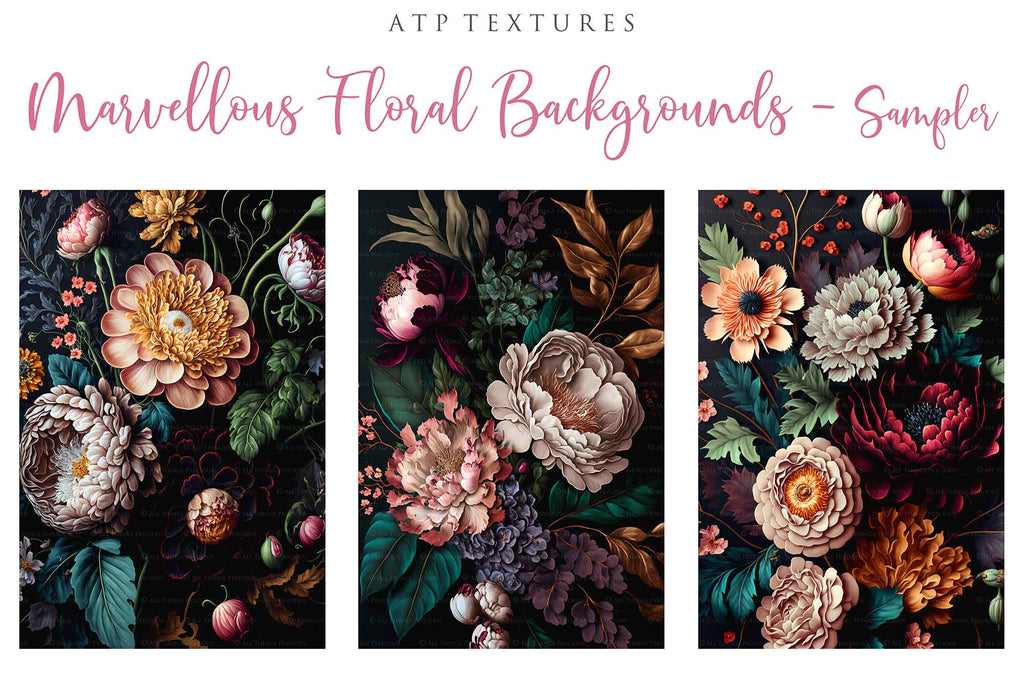 Floral Background in High resolution. For Digital scrapbooking, Print, Photoshop and Photography. Backdrop bundle. Digital, 300dpi, jpeg files for print. rich coloured flowers on a dark background.