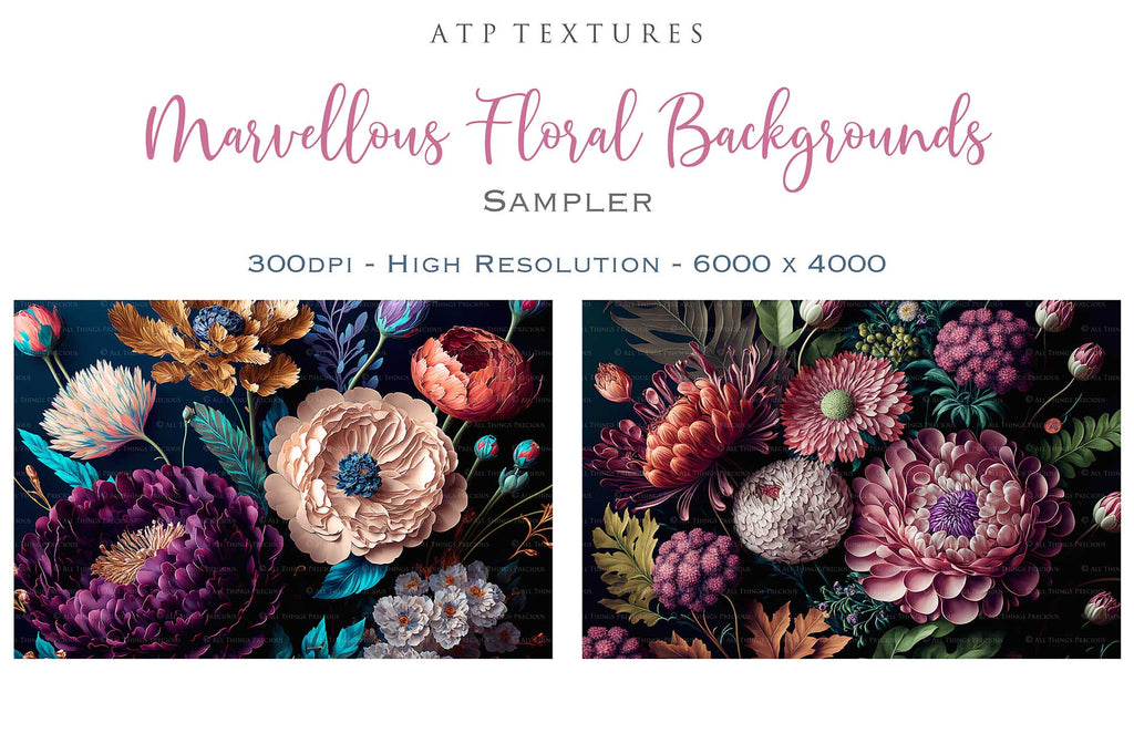 Floral Background in High resolution. For Digital scrapbooking, Print, Photoshop and Photography. Backdrop bundle. Digital, 300dpi, jpeg files for print. rich coloured flowers on a dark background.