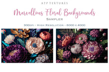 Load image into Gallery viewer, Floral Background in High resolution. For Digital scrapbooking, Print, Photoshop and Photography. Backdrop bundle. Digital, 300dpi, jpeg files for print. rich coloured flowers on a dark background.
