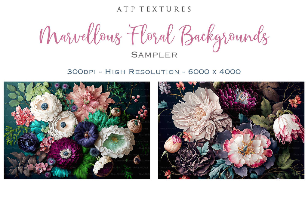 Floral Background in High resolution. For Digital scrapbooking, Print, Photoshop and Photography. Backdrop bundle. Digital, 300dpi, jpeg files for print. rich coloured flowers on a dark background.