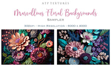Load image into Gallery viewer, Floral Background in High resolution. For Digital scrapbooking, Print, Photoshop and Photography. Backdrop bundle. Digital, 300dpi, jpeg files for print. rich coloured flowers on a dark background.
