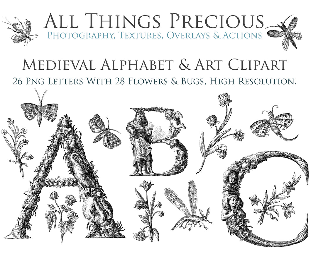 MEDIEVAL ALPHABET, Insects & Florals - Clipart