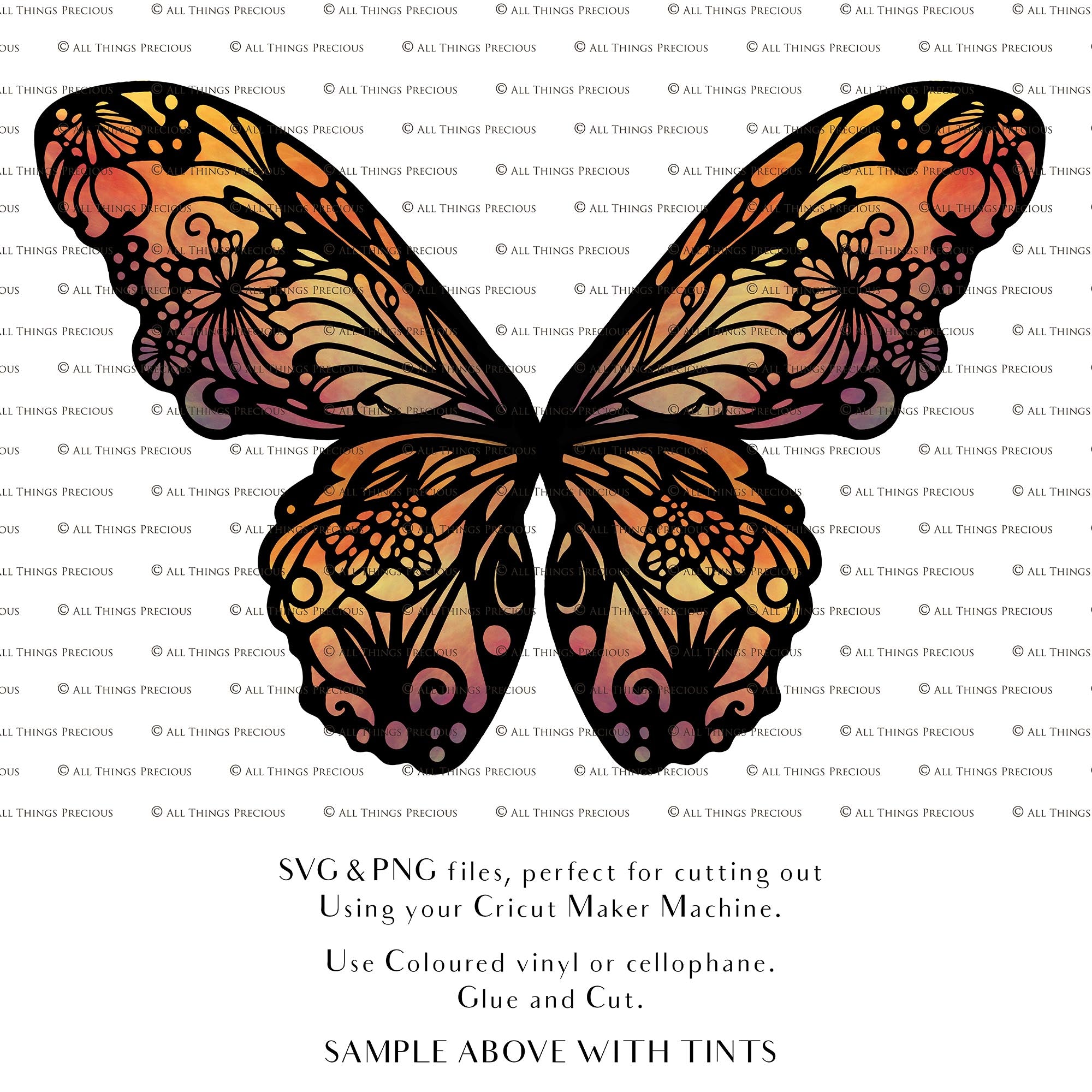 SVG & PNG Fairy Wing files for Cricut or Silhouette Cameo Cutting Machine. To create wearable fairy wings, in adult or children sizes.  Use this graphic design for Halloween Costumes, Fantasy or Cosplay or photography. Use as prints in weddings, engagements or baby shower invitations. for you to cut and assemble. 