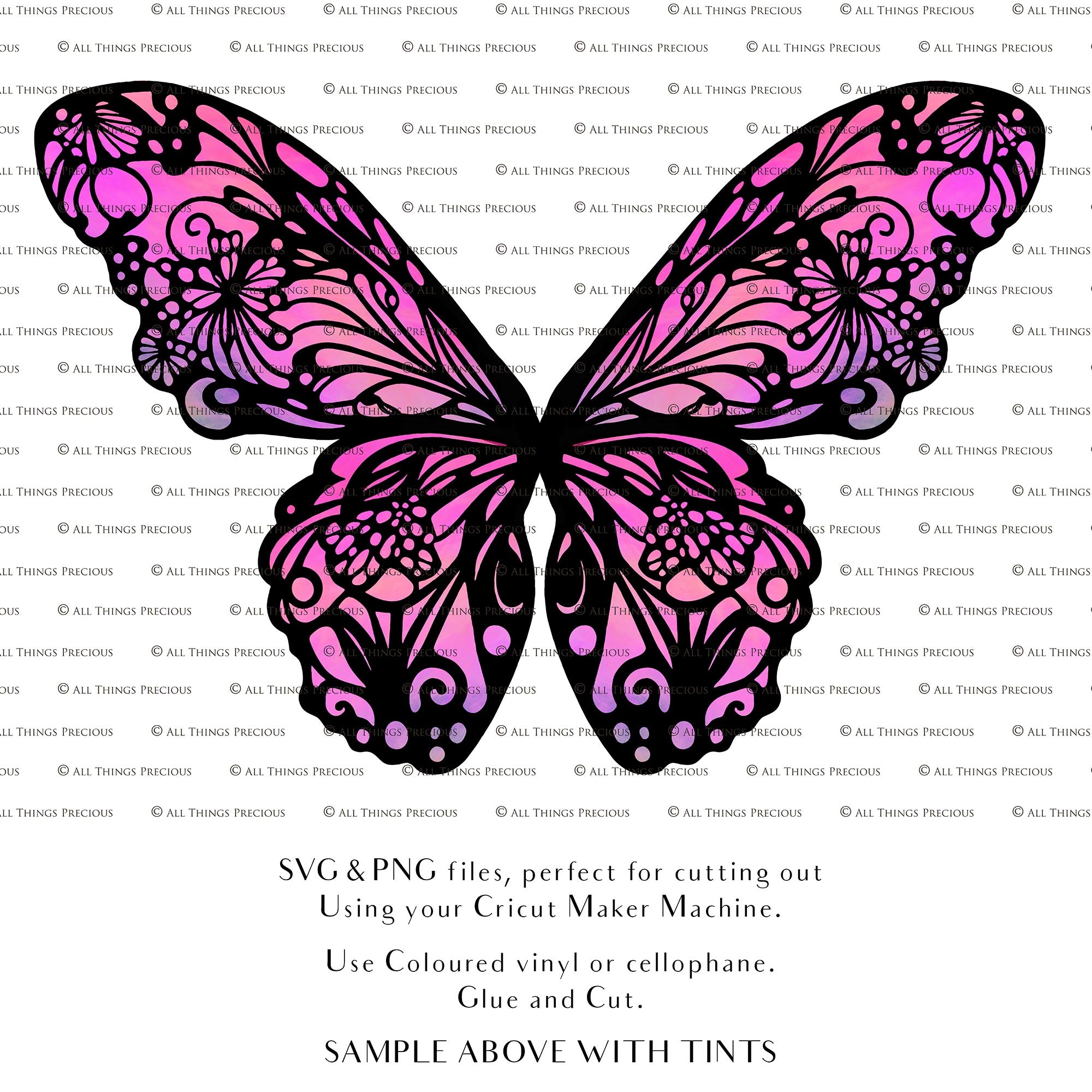 SVG & PNG Fairy Wing files for Cricut or Silhouette Cameo Cutting Machine. To create wearable fairy wings, in adult or children sizes.  Use this graphic design for Halloween Costumes, Fantasy or Cosplay or photography. Use as prints in weddings, engagements or baby shower invitations. for you to cut and assemble. 