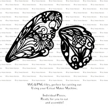 Load image into Gallery viewer, SVG &amp; PNG Fairy Wing files for Cricut or Silhouette Cameo Cutting Machine. To create wearable fairy wings, in adult or children sizes.  Use this graphic design for Halloween Costumes, Fantasy or Cosplay or photography. Use as prints in weddings, engagements or baby shower invitations. for you to cut and assemble. 
