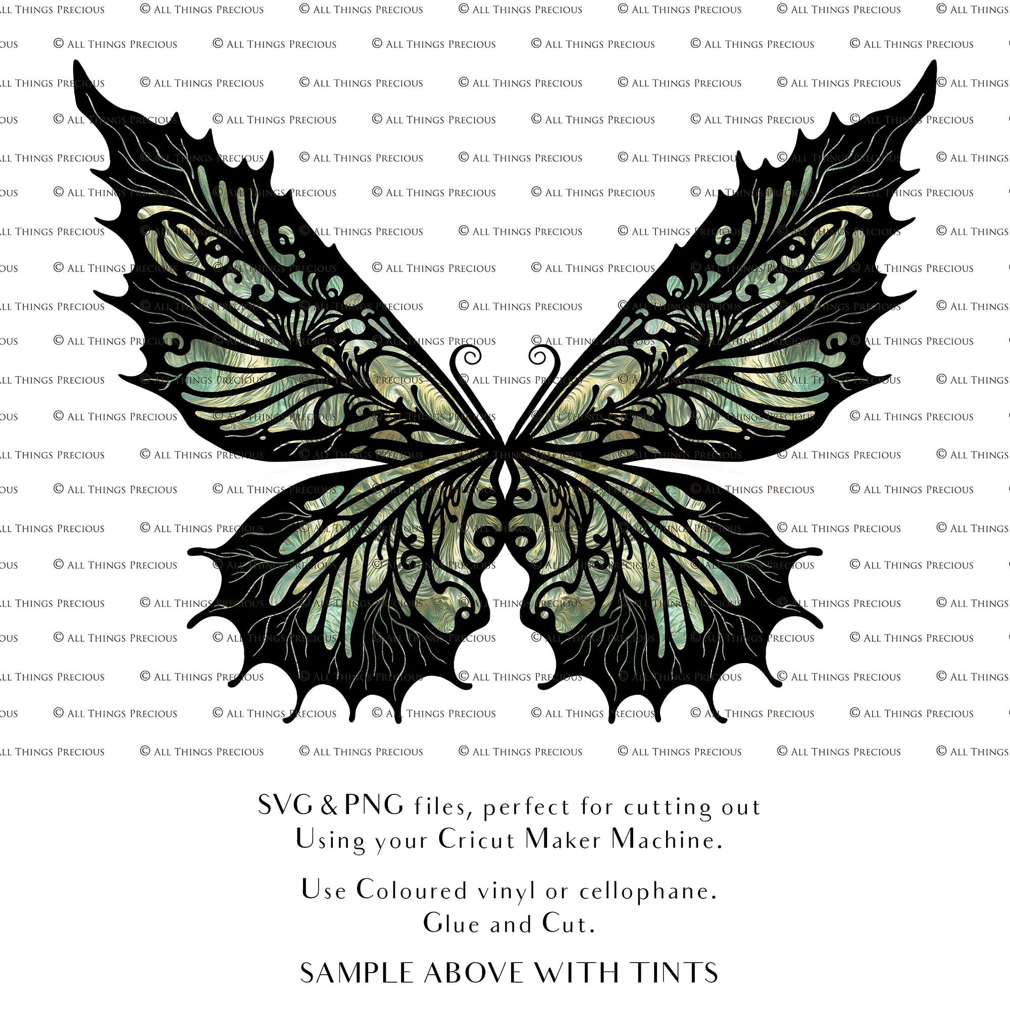SVG & PNG Fairy Wing files for Cricut or Silhouette Cameo Cutting Machine. To create wearable fairy wings, in adult or children sizes.  Use this graphic design for Halloween Costumes, Fantasy or Cosplay or photography. Use as prints in weddings, engagements or baby shower invitations. for you to cut and assemble. 