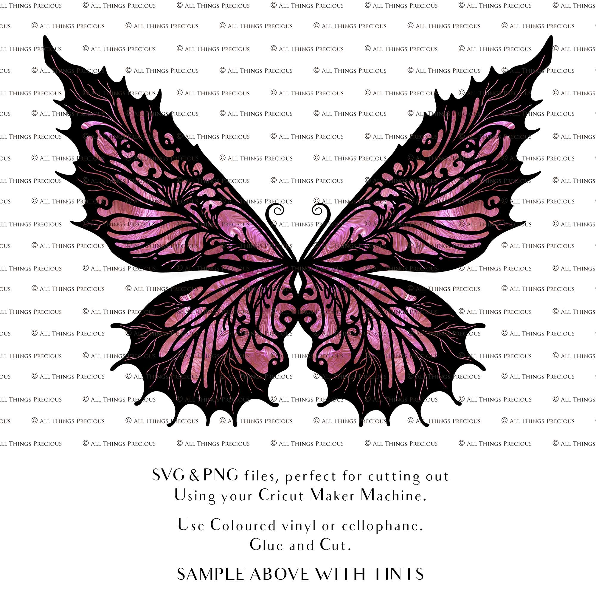 SVG & PNG Fairy Wing files for Cricut or Silhouette Cameo Cutting Machine. To create wearable fairy wings, in adult or children sizes.  Use this graphic design for Halloween Costumes, Fantasy or Cosplay or photography. Use as prints in weddings, engagements or baby shower invitations. for you to cut and assemble. 