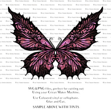 Load image into Gallery viewer, SVG &amp; PNG Fairy Wing files for Cricut or Silhouette Cameo Cutting Machine. To create wearable fairy wings, in adult or children sizes.  Use this graphic design for Halloween Costumes, Fantasy or Cosplay or photography. Use as prints in weddings, engagements or baby shower invitations. for you to cut and assemble. 
