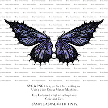 Load image into Gallery viewer, SVG &amp; PNG Fairy Wing files for Cricut or Silhouette Cameo Cutting Machine. To create wearable fairy wings, in adult or children sizes.  Use this graphic design for Halloween Costumes, Fantasy or Cosplay or photography. Use as prints in weddings, engagements or baby shower invitations. for you to cut and assemble. 
