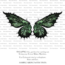 Load image into Gallery viewer, SVG &amp; PNG Fairy Wing files for Cricut or Silhouette Cameo Cutting Machine. To create wearable fairy wings, in adult or children sizes.  Use this graphic design for Halloween Costumes, Fantasy or Cosplay or photography. Use as prints in weddings, engagements or baby shower invitations. for you to cut and assemble. 
