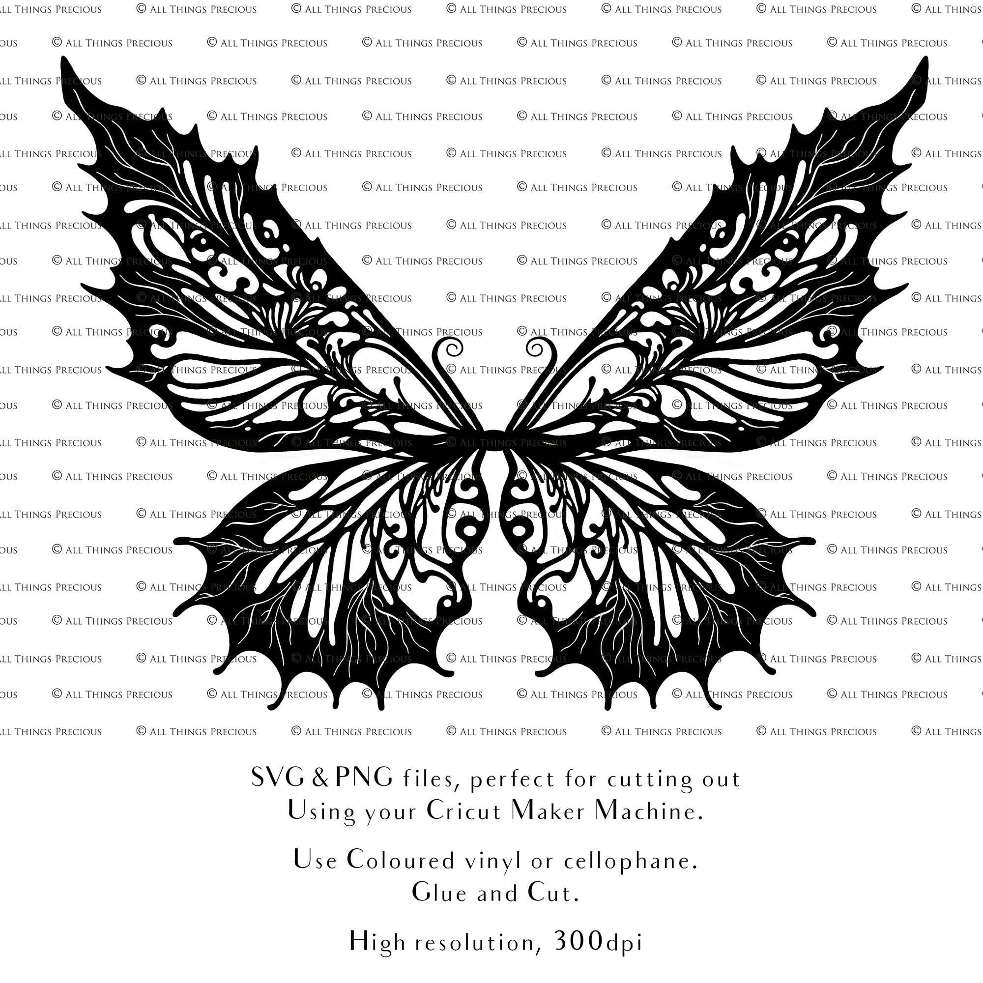 SVG & PNG Fairy Wing files for Cricut or Silhouette Cameo Cutting Machine. To create wearable fairy wings, in adult or children sizes.  Use this graphic design for Halloween Costumes, Fantasy or Cosplay or photography. Use as prints in weddings, engagements or baby shower invitations. for you to cut and assemble. 