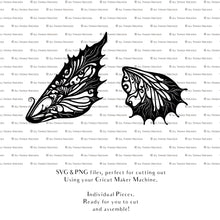 Load image into Gallery viewer, SVG &amp; PNG Fairy Wing files for Cricut or Silhouette Cameo Cutting Machine. To create wearable fairy wings, in adult or children sizes.  Use this graphic design for Halloween Costumes, Fantasy or Cosplay or photography. Use as prints in weddings, engagements or baby shower invitations. for you to cut and assemble. 
