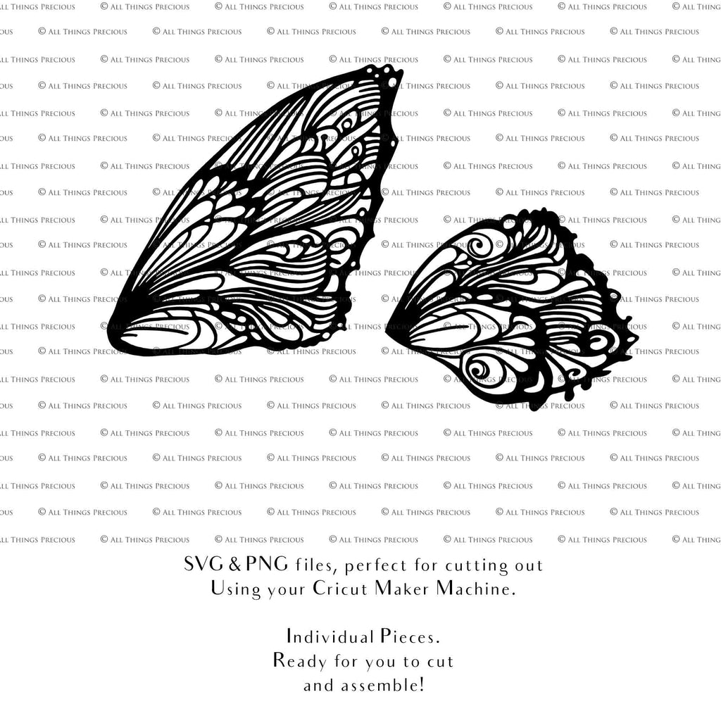 SVG & PNG Fairy Wing files for Cricut or Silhouette Cameo Cutting Machine. To create wearable fairy wings, in adult or children sizes.  Use this graphic design for Halloween Costumes, Fantasy or Cosplay or photography. Use as prints in weddings, engagements or baby shower invitations. for you to cut and assemble. 