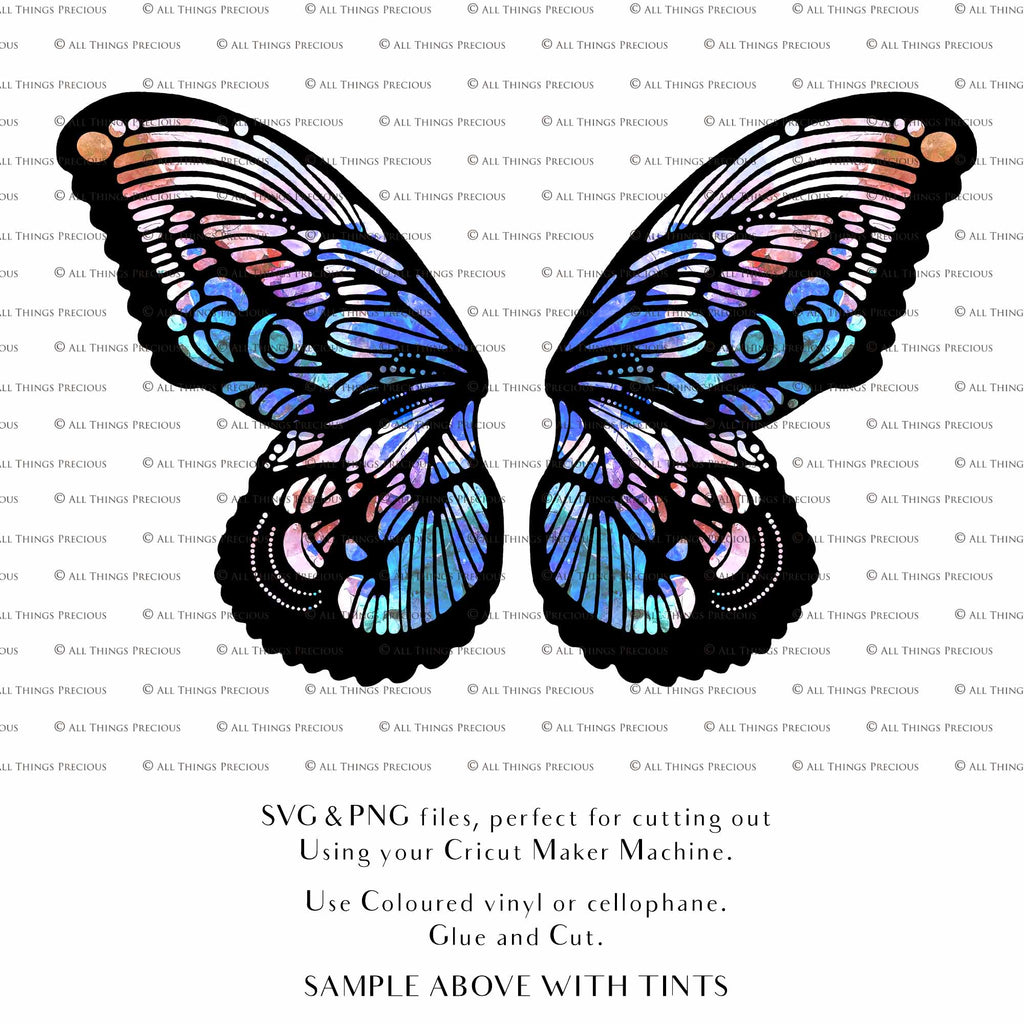 SVG & PNG Fairy Wing files for Cricut or Silhouette Cameo Cutting Machine. To create wearable fairy wings, in adult or children sizes. Graphic design for Halloween Costumes, Fantasy or Cosplay or photography. Print for weddings, engagements, baby shower invitations. DIY Printable. Fairycore, Cottagecore.