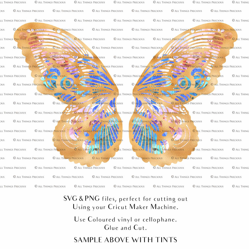 SVG & PNG Fairy Wing files for Cricut or Silhouette Cameo Cutting Machine. To create wearable fairy wings, in adult or children sizes. Graphic design for Halloween Costumes, Fantasy or Cosplay or photography. Print for weddings, engagements, baby shower invitations. DIY Printable. Fairycore, Cottagecore.