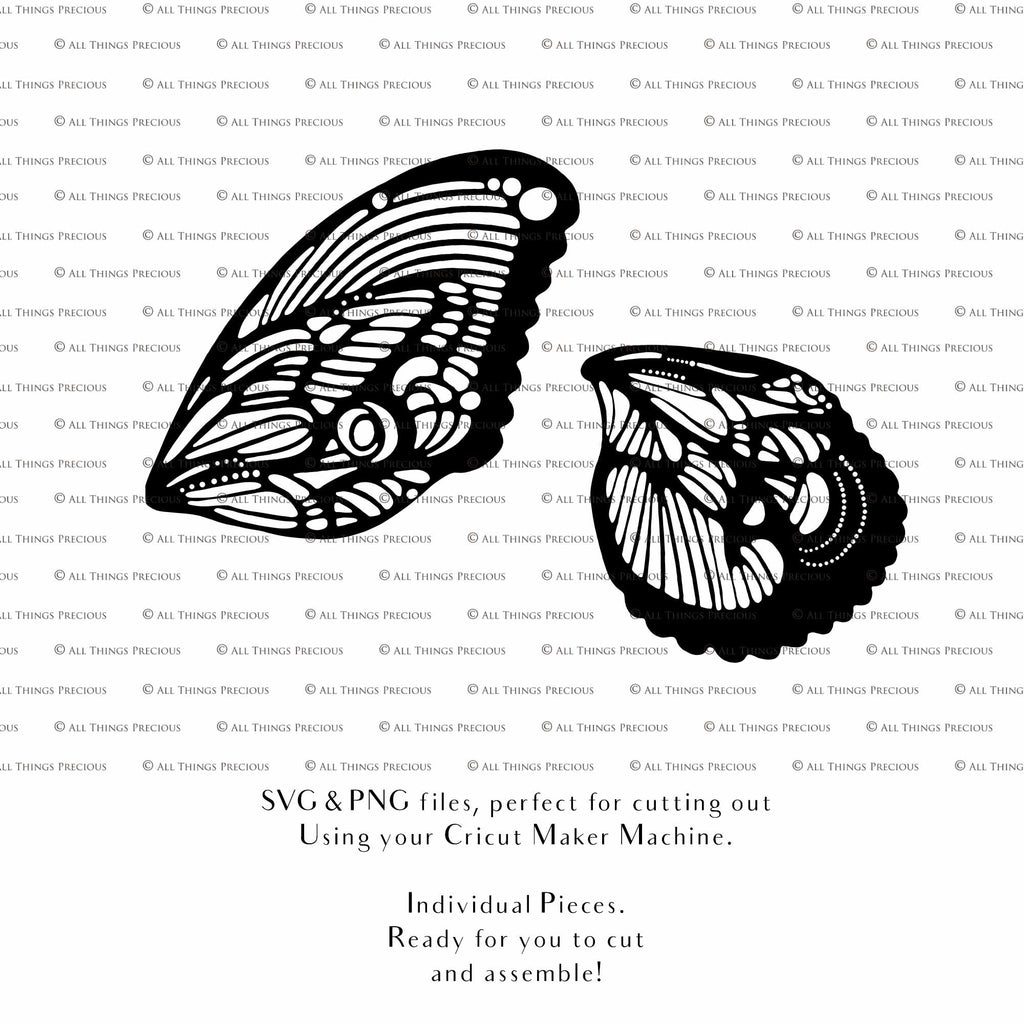 SVG & PNG Fairy Wing files for Cricut or Silhouette Cameo Cutting Machine. To create wearable fairy wings, in adult or children sizes. Graphic design for Halloween Costumes, Fantasy or Cosplay or photography. Print for weddings, engagements, baby shower invitations. DIY Printable. Fairycore, Cottagecore.