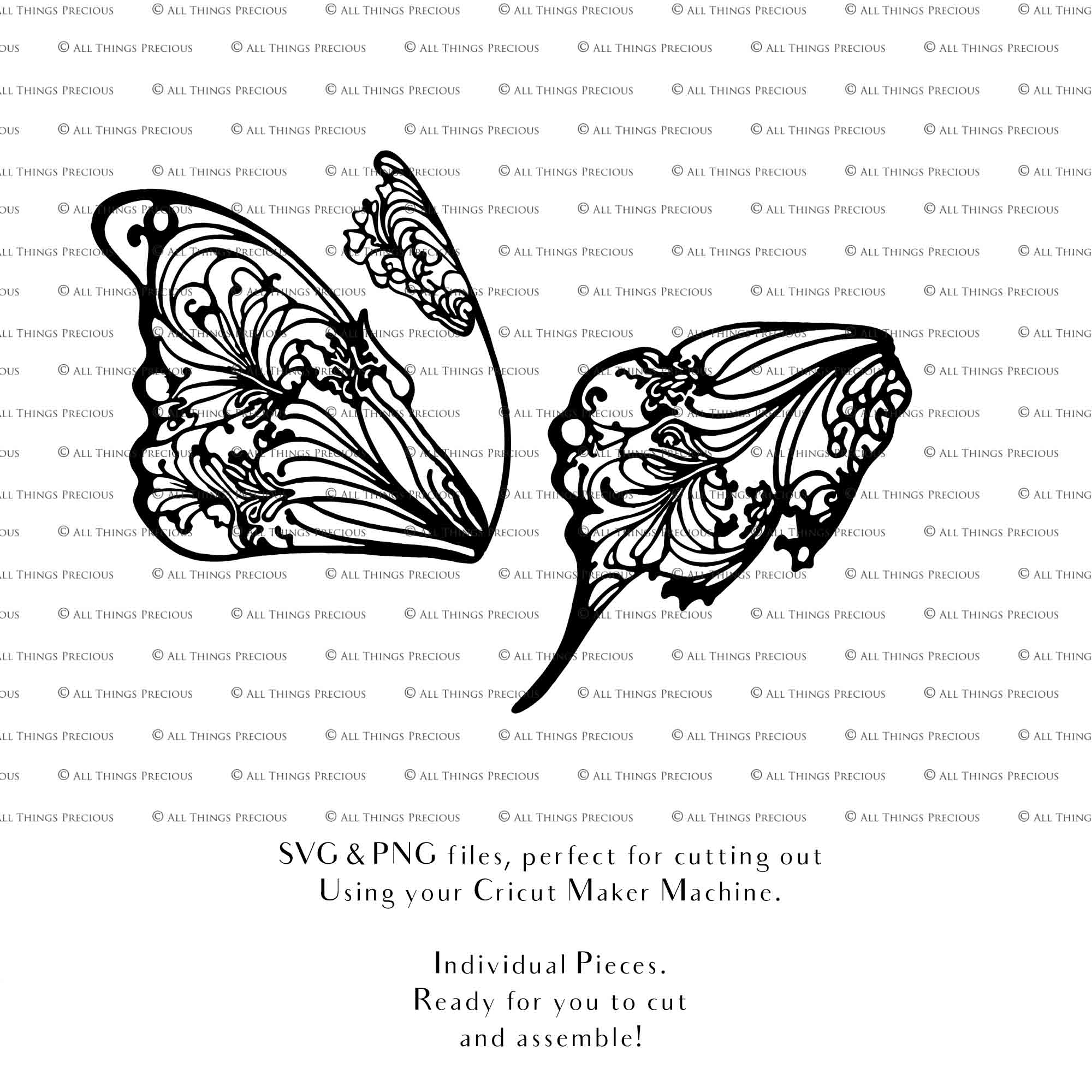 SVG & PNG Fairy Wing files for Cricut or Silhouette Cameo Cutting Machine. To create wearable fairy wings, in adult or children sizes. Graphic design for Halloween Costumes, Fantasy or Cosplay or photography. Print for weddings, engagements, baby shower invitations. DIY Printable. Fairycore, Cottagecore.