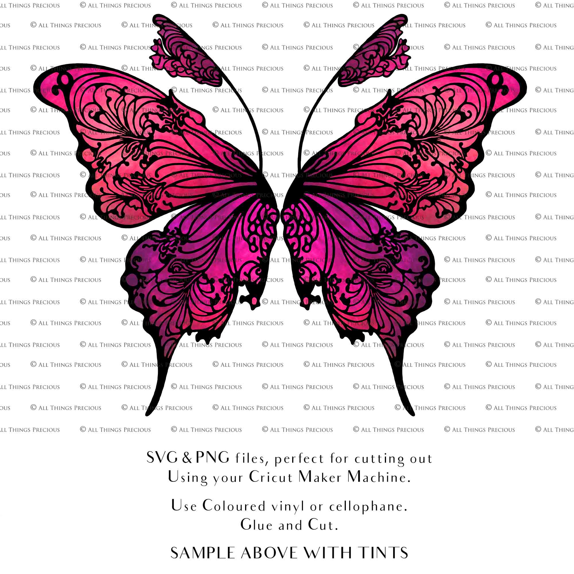 SVG & PNG Fairy Wing files for Cricut or Silhouette Cameo Cutting Machine. To create wearable fairy wings, in adult or children sizes. Graphic design for Halloween Costumes, Fantasy or Cosplay or photography. Print for weddings, engagements, baby shower invitations. DIY Printable. Fairycore, Cottagecore.