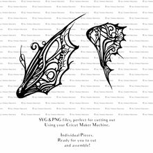 Load image into Gallery viewer, SVG &amp; PNG Fairy Wing files for Cricut or Silhouette Cameo Cutting Machine. To create wearable fairy wings, in adult or children sizes. Graphic design for Halloween Costumes, Fantasy or Cosplay or photography. Print for weddings, engagements, baby shower invitations. DIY Printable. Fairycore, Cottagecore.
