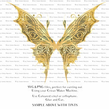 Load image into Gallery viewer, SVG &amp; PNG Fairy Wing files for Cricut or Silhouette Cameo Cutting Machine. To create wearable fairy wings, in adult or children sizes. Graphic design for Halloween Costumes, Fantasy or Cosplay or photography. Print for weddings, engagements, baby shower invitations. DIY Printable. Fairycore, Cottagecore.
