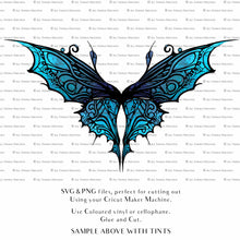 Load image into Gallery viewer, SVG &amp; PNG Fairy Wing files for Cricut or Silhouette Cameo Cutting Machine. To create wearable fairy wings, in adult or children sizes. Graphic design for Halloween Costumes, Fantasy or Cosplay or photography. Print for weddings, engagements, baby shower invitations. DIY Printable. Fairycore, Cottagecore.
