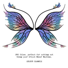 Load image into Gallery viewer, SVG &amp; PNG Fairy Wing files for Cricut or Silhouette Cameo Cutting Machine. To create wearable fairy wings, in adult or children sizes.  Use this clipart design for Halloween Costumes, Fantasy or Cosplay or photography. These are Individual Wing Pieces, for you to cut and assemble. This is a digital product. 
