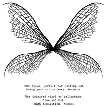 Load image into Gallery viewer, SVG &amp; PNG Fairy Wing files for Cricut or Silhouette Cameo Cutting Machine. To create wearable fairy wings, in adult or children sizes.  Use this clipart design for Halloween Costumes, Fantasy or Cosplay or photography. These are Individual Wing Pieces, for you to cut and assemble. This is a digital product. 
