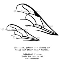 Load image into Gallery viewer, SVG &amp; PNG Fairy Wing files for Cricut or Silhouette Cameo Cutting Machine. To create wearable fairy wings, in adult or children sizes.  Use this clipart design for Halloween Costumes, Fantasy or Cosplay or photography. These are Individual Wing Pieces, for you to cut and assemble. This is a digital product. 
