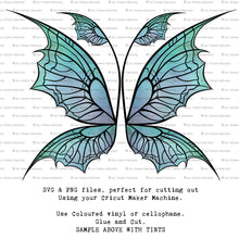 Load image into Gallery viewer, SVG &amp; PNG Fairy Wing files for Cricut or Silhouette Cameo Cutting Machine. To create wearable fairy wings, in adult or children sizes.  Use this clipart design for Halloween Costumes, Fantasy or Cosplay or photography. These are Individual Wing Pieces, for you to cut and assemble. This is a digital product. 
