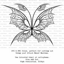 Load image into Gallery viewer, SVG &amp; PNG Fairy Wing files for Cricut or Silhouette Cameo Cutting Machine. To create wearable fairy wings, in adult or children sizes.  Use this clipart design for Halloween Costumes, Fantasy or Cosplay or photography. These are Individual Wing Pieces, for you to cut and assemble. This is a digital product. 
