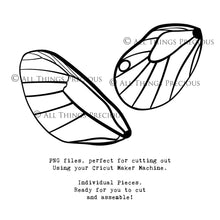 Load image into Gallery viewer, SVG &amp; PNG Fairy Wing files for Cricut or Silhouette Cameo Cutting Machine. To create wearable fairy wings, in adult or children sizes.  Use this clipart design for Halloween Costumes, Fantasy or Cosplay or photography. These are Individual Wing Pieces, for you to cut and assemble. This is a digital product. 
