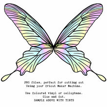 Load image into Gallery viewer, SVG &amp; PNG Fairy Wing files for Cricut or Silhouette Cameo Cutting Machine. To create wearable fairy wings, in adult or children sizes.  Use this clipart design for Halloween Costumes, Fantasy or Cosplay or photography. These are Individual Wing Pieces, for you to cut and assemble. This is a digital product. 
