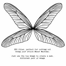Load image into Gallery viewer, SVG &amp; PNG Fairy Wing files for Cricut or Silhouette Cameo Cutting Machine. To create wearable fairy wings, in adult or children sizes.  Use this clipart design for Halloween Costumes, Fantasy or Cosplay or photography. These are Individual Wing Pieces, for you to cut and assemble. This is a digital product. 
