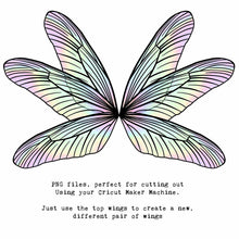 Load image into Gallery viewer, SVG &amp; PNG Fairy Wing files for Cricut or Silhouette Cameo Cutting Machine. To create wearable fairy wings, in adult or children sizes.  Use this clipart design for Halloween Costumes, Fantasy or Cosplay or photography. These are Individual Wing Pieces, for you to cut and assemble. This is a digital product. 
