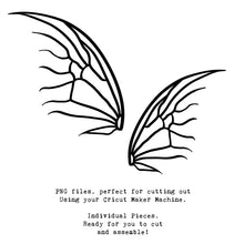 Load image into Gallery viewer, SVG &amp; PNG Fairy Wing files for Cricut or Silhouette Cameo Cutting Machine. To create wearable fairy wings, in adult or children sizes.  Use this clipart design for Halloween Costumes, Fantasy or Cosplay or photography. These are Individual Wing Pieces, for you to cut and assemble. This is a digital product. 
