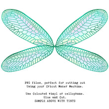 Load image into Gallery viewer, SVG &amp; PNG Fairy Wing files for Cricut or Silhouette Cameo Cutting Machine. To create wearable fairy wings, in adult or children sizes.  Use this clipart design for Halloween Costumes, Fantasy or Cosplay or photography. These are Individual Wing Pieces, for you to cut and assemble. This is a digital product. 

