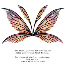 Load image into Gallery viewer, SVG &amp; PNG Fairy Wing files for Cricut or Silhouette Cameo Cutting Machine. To create wearable fairy wings, in adult or children sizes.  Use this clipart design for Halloween Costumes, Fantasy or Cosplay or photography. These are Individual Wing Pieces, for you to cut and assemble. This is a digital product. 
