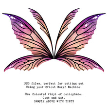 Load image into Gallery viewer, SVG &amp; PNG Fairy Wing files for Cricut or Silhouette Cameo Cutting Machine. To create wearable fairy wings, in adult or children sizes.  Use this clipart design for Halloween Costumes, Fantasy or Cosplay or photography. These are Individual Wing Pieces, for you to cut and assemble. This is a digital product. 
