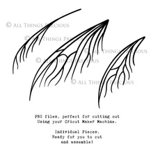 Load image into Gallery viewer, SVG &amp; PNG Fairy Wing files for Cricut or Silhouette Cameo Cutting Machine. To create wearable fairy wings, in adult or children sizes.  Use this clipart design for Halloween Costumes, Fantasy or Cosplay or photography. These are Individual Wing Pieces, for you to cut and assemble. This is a digital product. 
