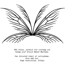 Load image into Gallery viewer, SVG &amp; PNG Fairy Wing files for Cricut or Silhouette Cameo Cutting Machine. To create wearable fairy wings, in adult or children sizes.  Use this clipart design for Halloween Costumes, Fantasy or Cosplay or photography. These are Individual Wing Pieces, for you to cut and assemble. This is a digital product. 
