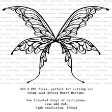 Load image into Gallery viewer, SVG &amp; PNG Fairy Wing files for Cricut or Silhouette Cameo Cutting Machine. To create wearable fairy wings, in adult or children sizes.  Use this clipart design for Halloween Costumes, Fantasy or Cosplay or photography. Or For weddings, Engagements or baby shower ephemera. These are Individual Wing Pieces, for you to cut and assemble. This is a digital product. 
