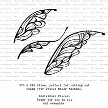 Load image into Gallery viewer, SVG &amp; PNG Fairy Wing files for Cricut or Silhouette Cameo Cutting Machine. To create wearable fairy wings, in adult or children sizes.  Use this clipart design for Halloween Costumes, Fantasy or Cosplay or photography. Or For weddings, Engagements or baby shower ephemera. These are Individual Wing Pieces, for you to cut and assemble. This is a digital product. 
