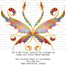 Load image into Gallery viewer, SVG &amp; PNG Fairy Wing files for Cricut or Silhouette Cameo Cutting Machine. To create wearable fairy wings, in adult or children sizes.  Use this clipart design for Halloween Costumes, Fantasy or Cosplay or photography. Or use as ephemera in weddings, engagements or baby shower invitations. These are Individual wing parts, for you to cut and assemble. This is a digital product. 
