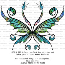 Load image into Gallery viewer, SVG &amp; PNG Fairy Wing files for Cricut or Silhouette Cameo Cutting Machine. To create wearable fairy wings, in adult or children sizes.  Use this clipart design for Halloween Costumes, Fantasy or Cosplay or photography. Or use as ephemera in weddings, engagements or baby shower invitations. These are Individual wing parts, for you to cut and assemble. This is a digital product. 
