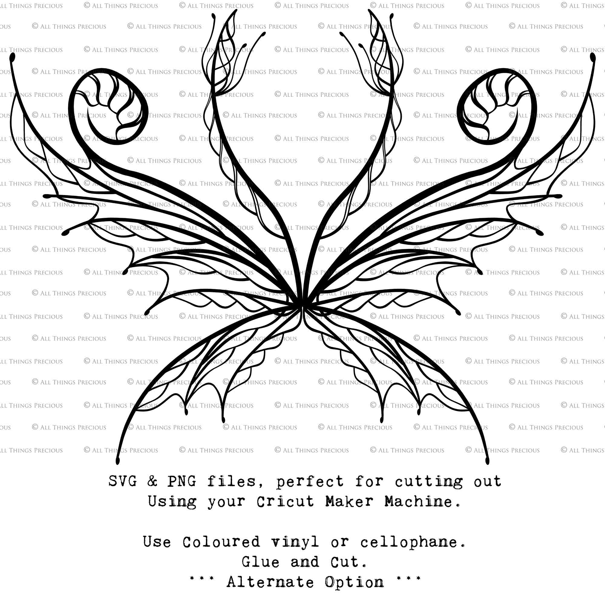 SVG & PNG Fairy Wing files for Cricut or Silhouette Cameo Cutting Machine. To create wearable fairy wings, in adult or children sizes.  Use this clipart design for Halloween Costumes, Fantasy or Cosplay or photography. Or use as ephemera in weddings, engagements or baby shower invitations. These are Individual wing parts, for you to cut and assemble. This is a digital product. 