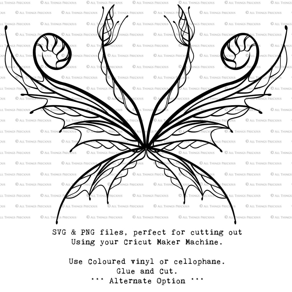 SVG & PNG Fairy Wing files for Cricut or Silhouette Cameo Cutting Machine. To create wearable fairy wings, in adult or children sizes.  Use this clipart design for Halloween Costumes, Fantasy or Cosplay or photography. Or use as ephemera in weddings, engagements or baby shower invitations. These are Individual wing parts, for you to cut and assemble. This is a digital product. 