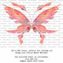 Load image into Gallery viewer, SVG &amp; PNG Fairy Wing files for Cricut or Silhouette Cameo Cutting Machine. To create wearable fairy wings, in adult or children sizes.  Use this clipart design for Halloween Costumes, Fantasy or Cosplay or photography. Or use as ephemera in weddings, engagements or baby shower invitations. These are Individual wing parts, for you to cut and assemble. This is a digital product. 
